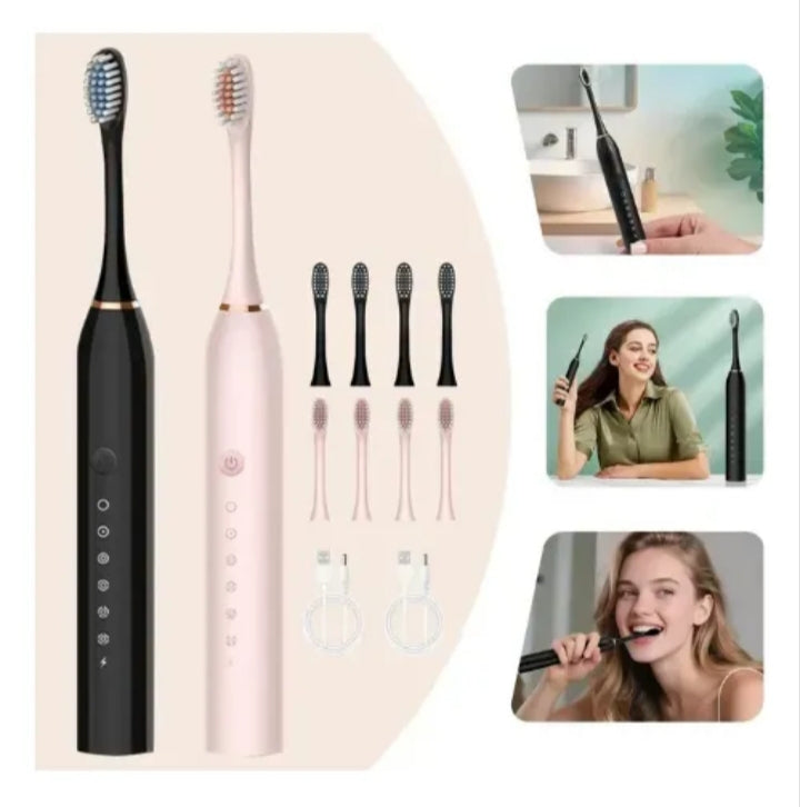 Escova Dental Elétrica Recarregável USB com 6 Modos e 4 Refil IPX7 - AJ-128 Rosa