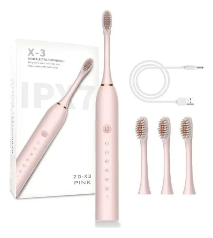 Escova Dental Elétrica Recarregável USB com 6 Modos e 4 Refil IPX7 - AJ-128 Rosa