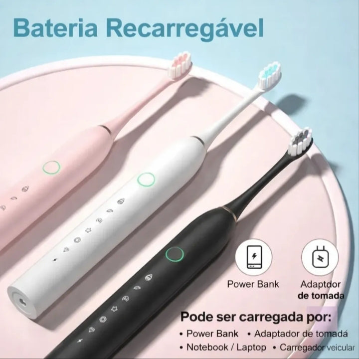 Escova Dental Elétrica Recarregável USB com 6 Modos e 4 Refil IPX7 - AJ-128 Rosa